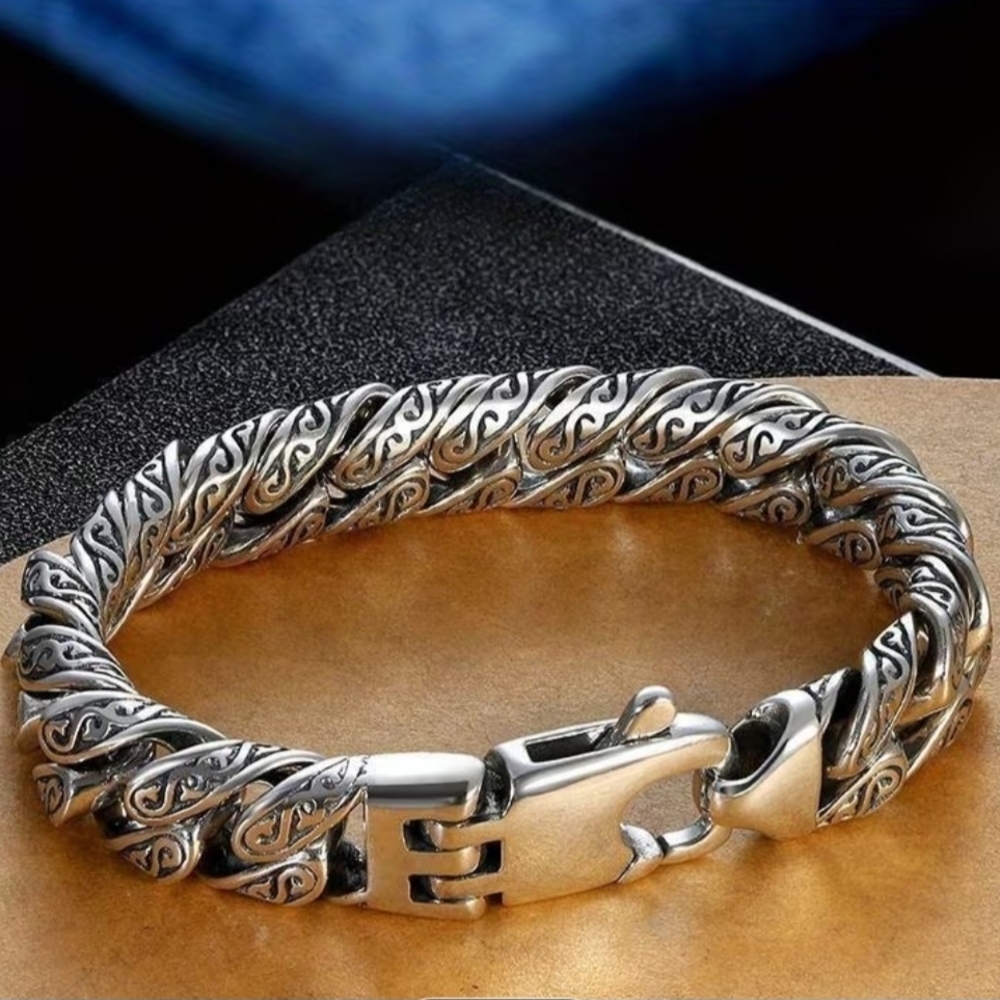 925 Silver Bracelet for Men, Featuring Personalized Arabesque Designs. Hip-Hop